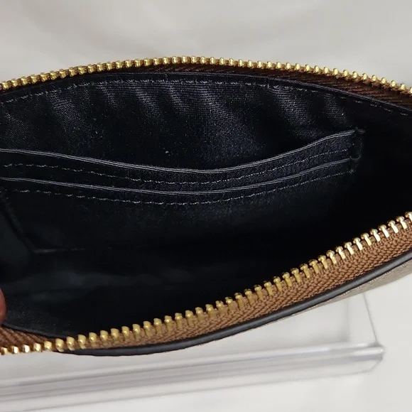 Coach Signature PVC Leather Zipper Khaki Black Small Wristlet